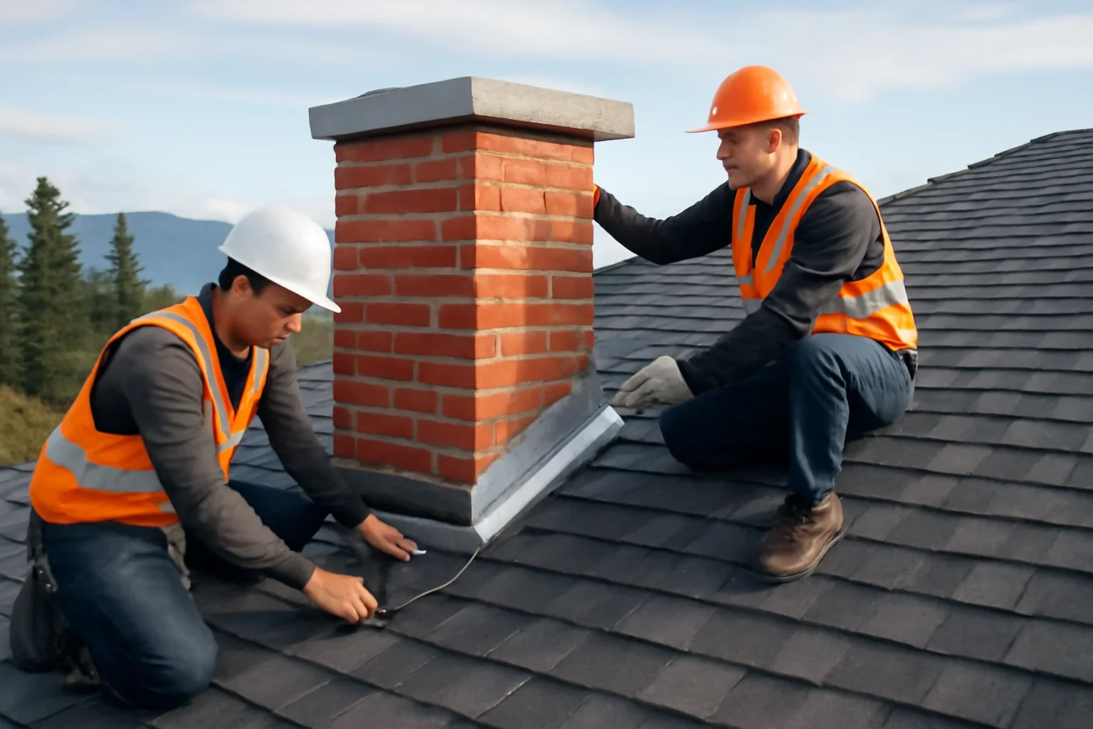 Chimney Flashing Problems: Repair or Replacement?? shown through professional roofing work