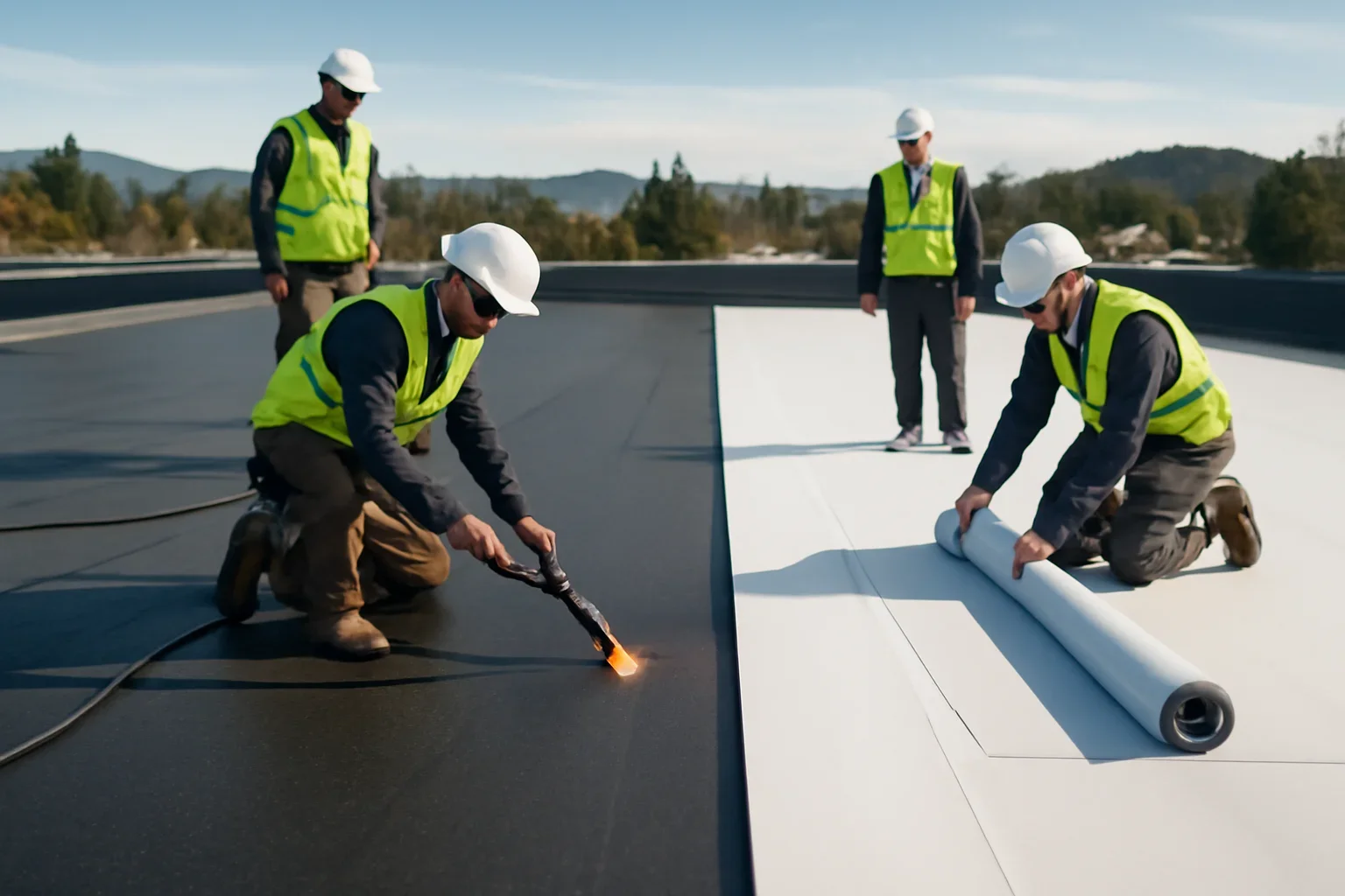 Torch-On vs. TPO Roofing: Which System Fits Your Building?? shown through professional roofing work