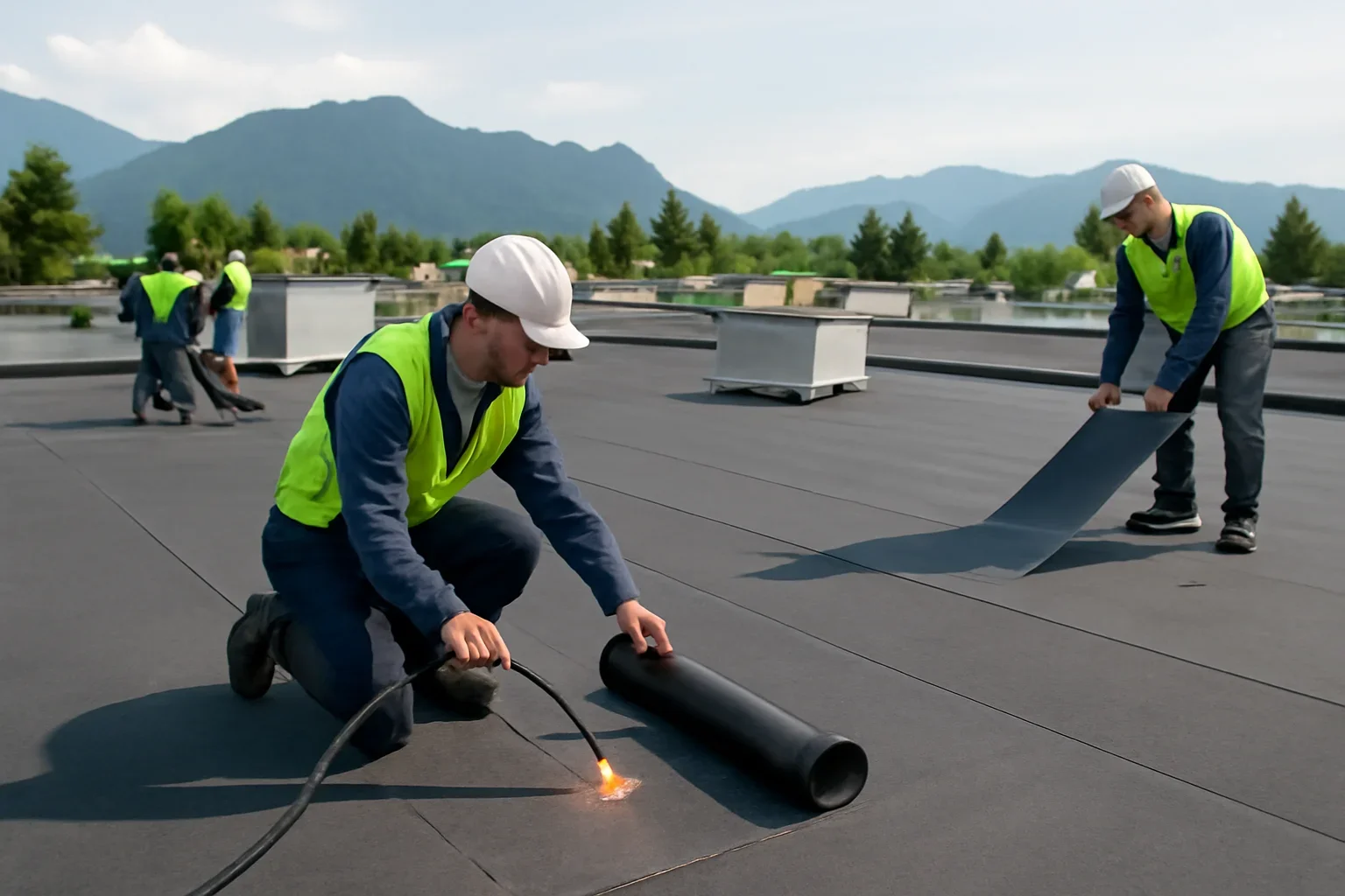 Commercial Flat-Roof Repair shown through professional roofing work