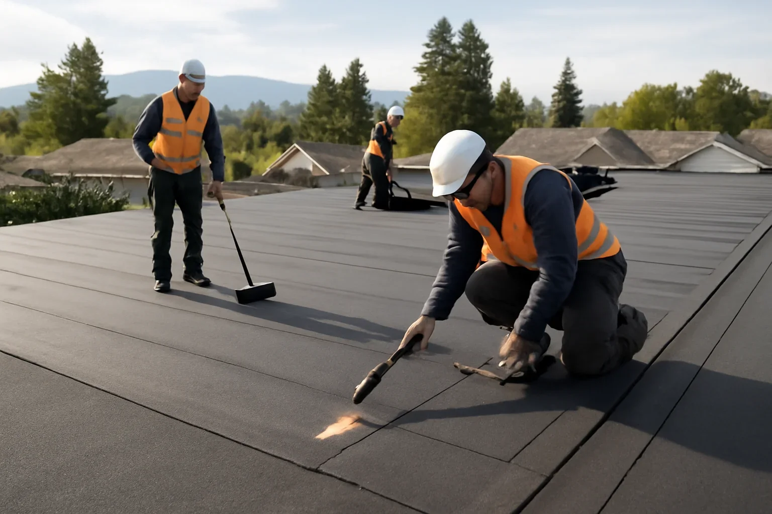 SBS Modified Bitumen Roofing shown through professional roofing work